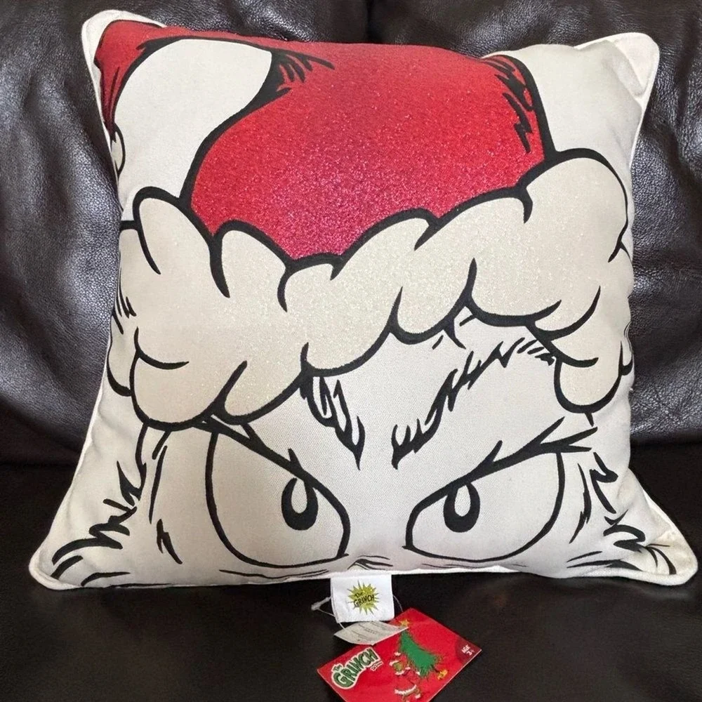 Dr. Seuss The Grinch Pillow with Red Glitter and White Santa Hat 16
